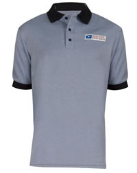 Short sleeve knit polo shirt with solid navy collar and cuffs. Upper badge eyelets on right chest and postal logo on left chest.